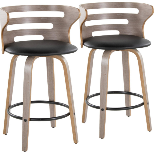 Cosini 26" Swivel Bar Stool in Light Grey Wood & Black Leatherette with Black Footrest (Set of 2)